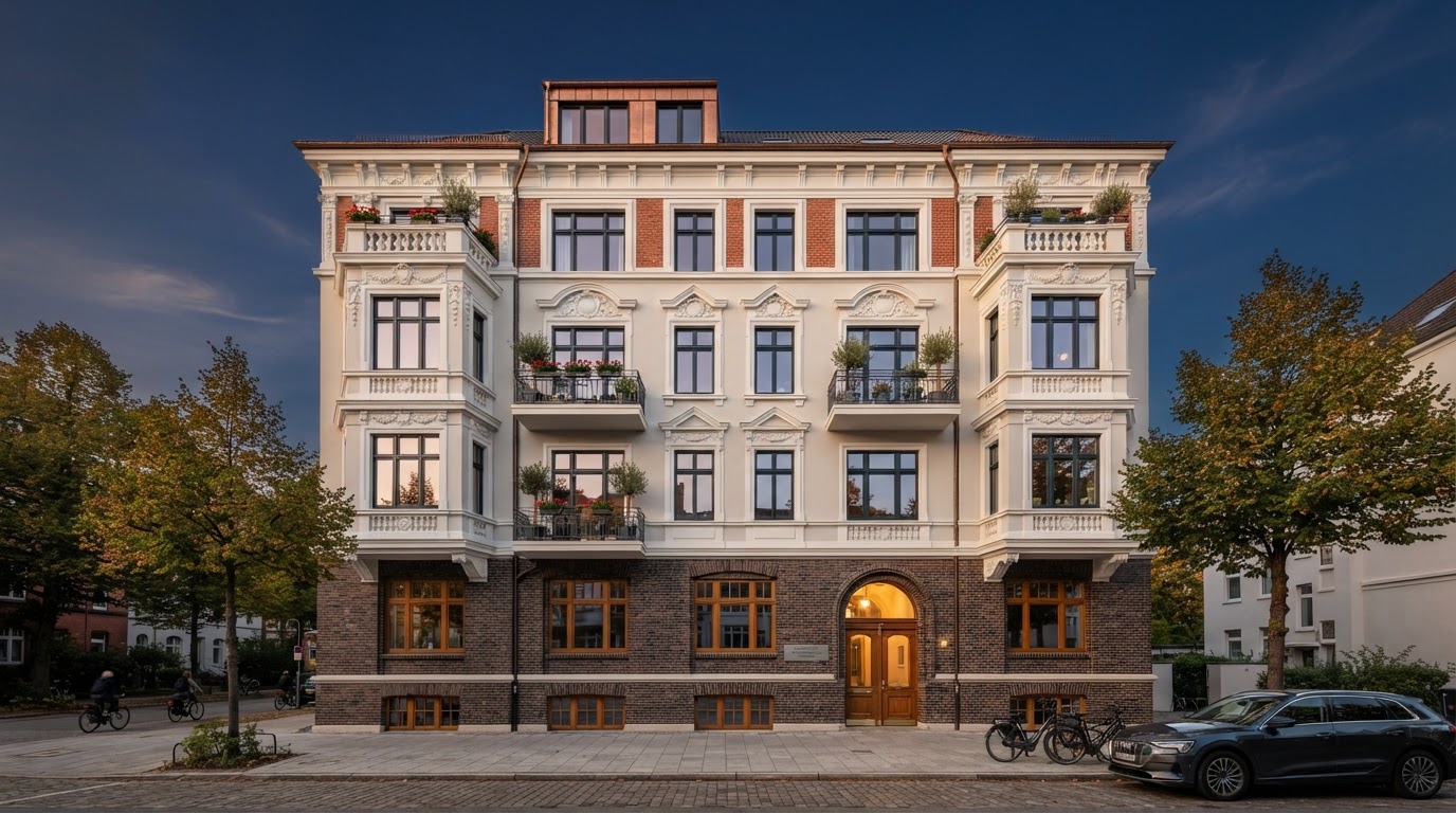 Frisch sanierte Hamburger Stadthaus-Fassade – Bausanierung Frantzis & Sohn