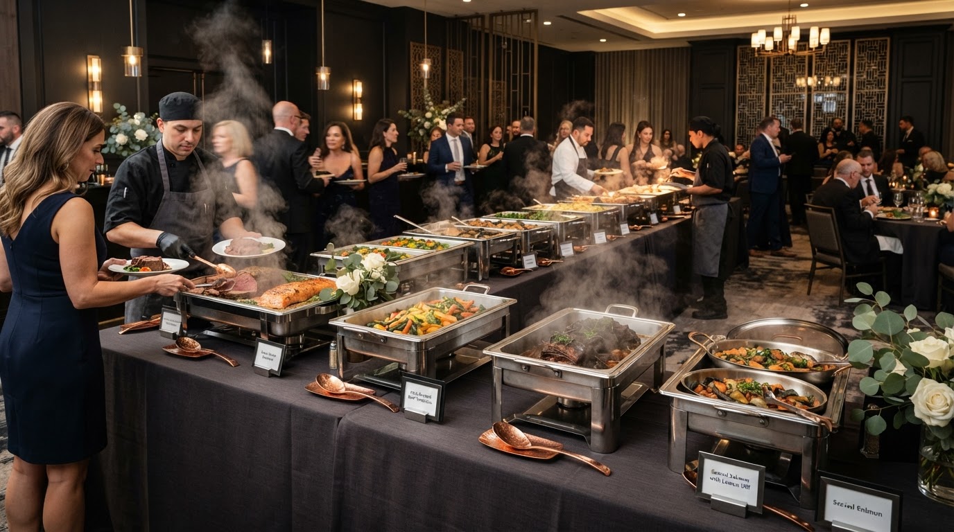 Catering buffet kept hot for off-premise dining