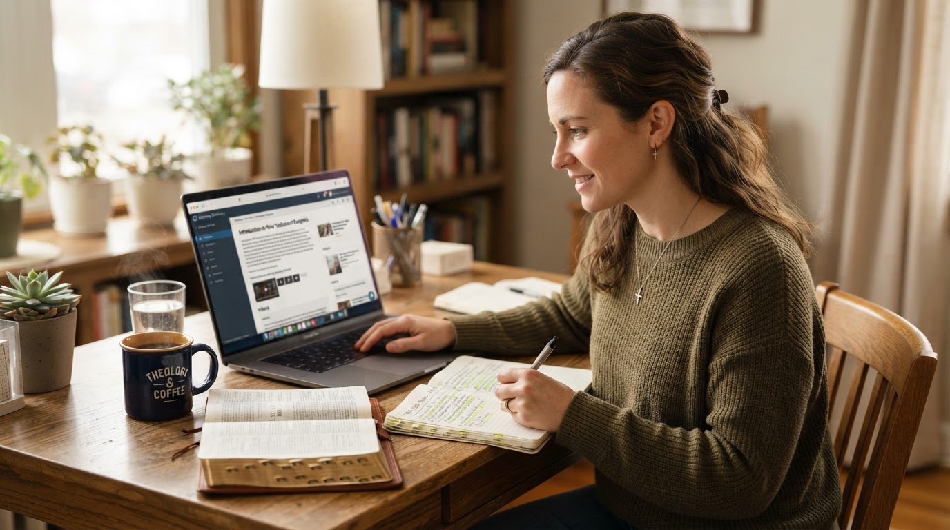 Student completing theological coursework online on a laptop