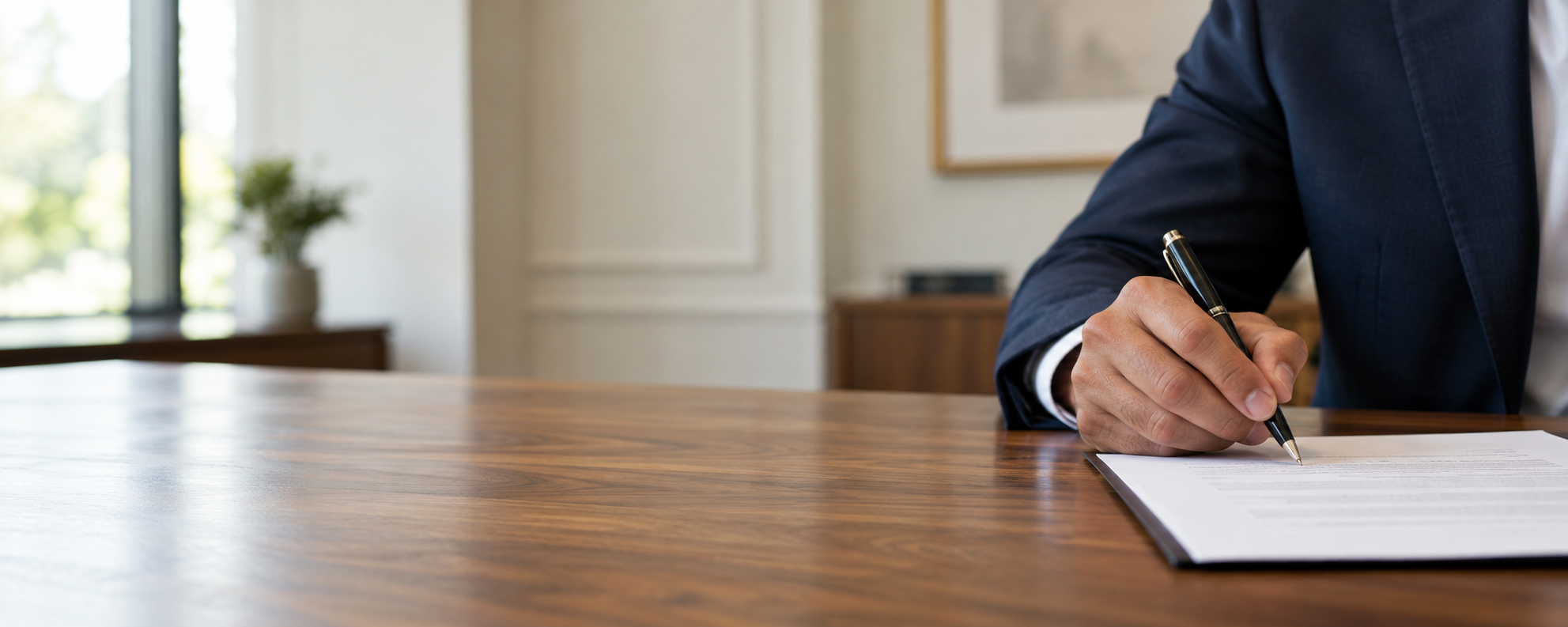 Professional document signing at a legal desk