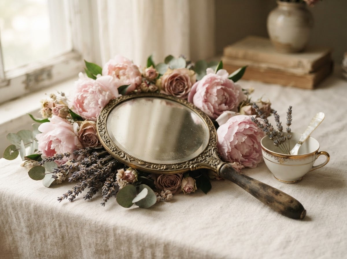 Hand mirror resting among soft pink peonies and dried lavender