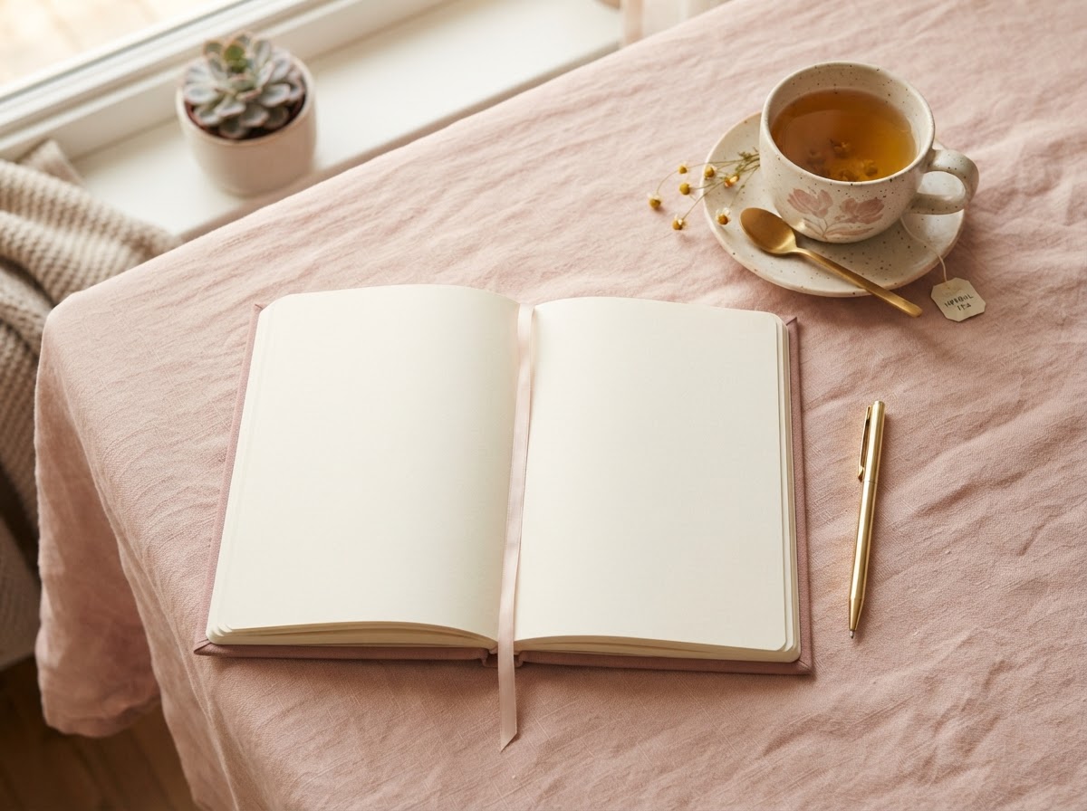 Open journal, pen, and tea on a blush linen surface