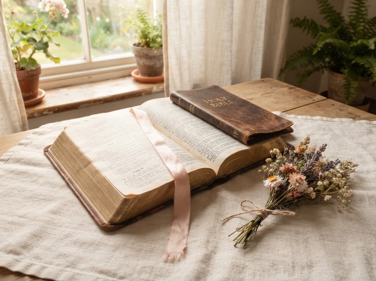 Open Bible with a satin ribbon bookmark beside dried wildflowers