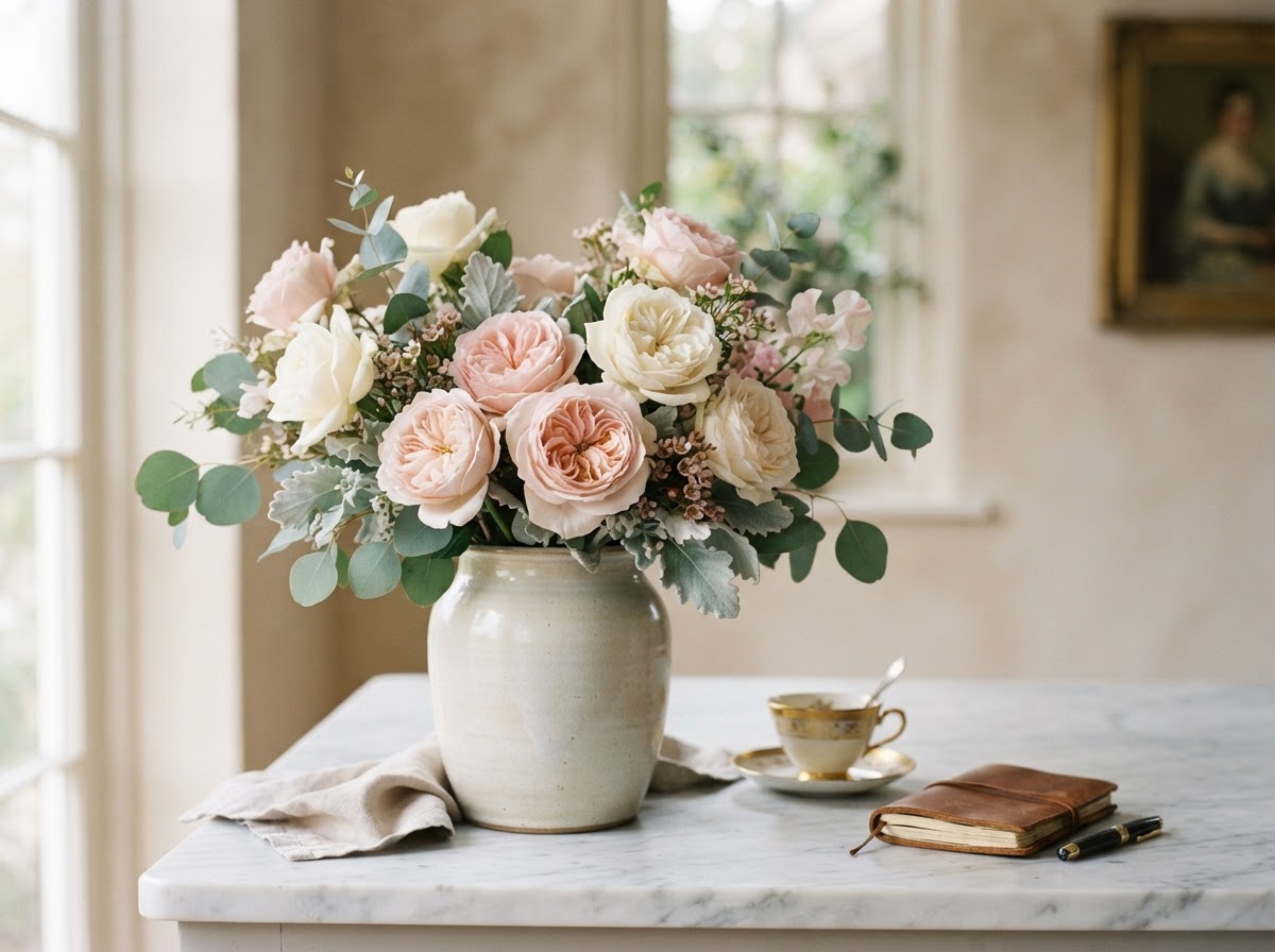Blush garden roses and eucalyptus in a ceramic vase on marble