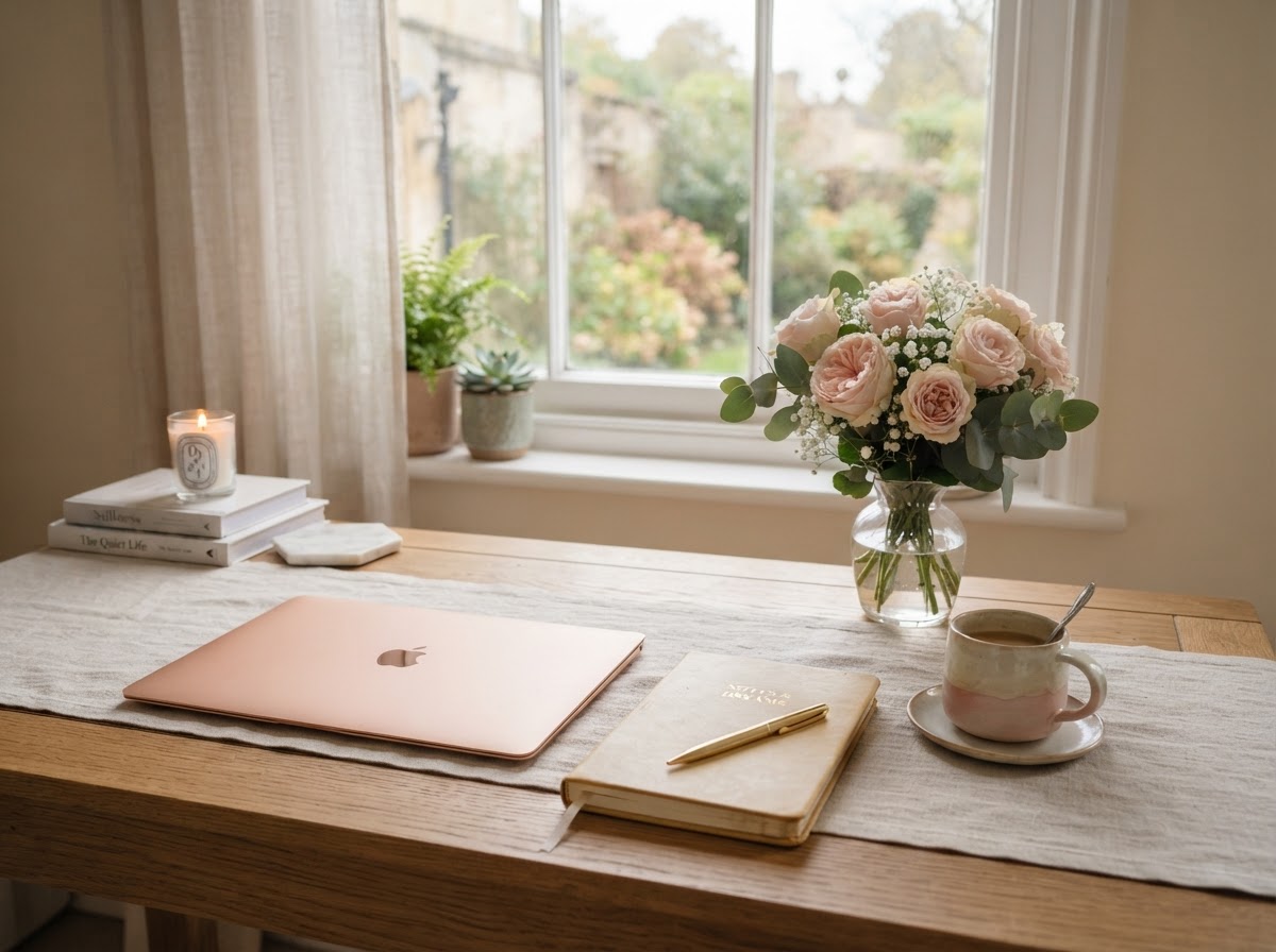 Calm feminine workspace by a window with a notebook and blush roses