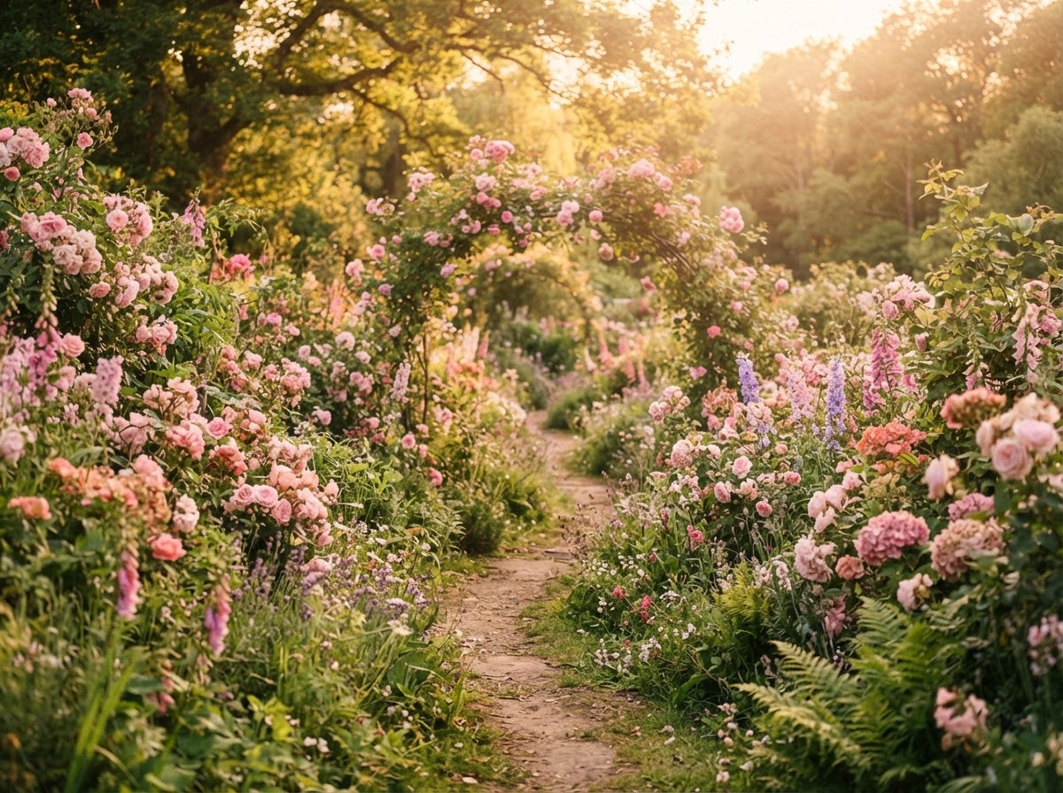 Garden path through blooming pink flowers in warm sunlight
