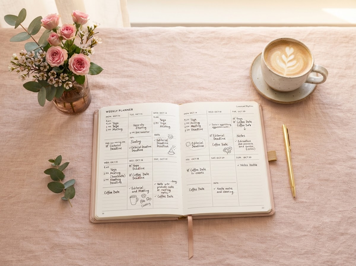 Weekly planner, coffee, and pink flowers on a blush linen surface