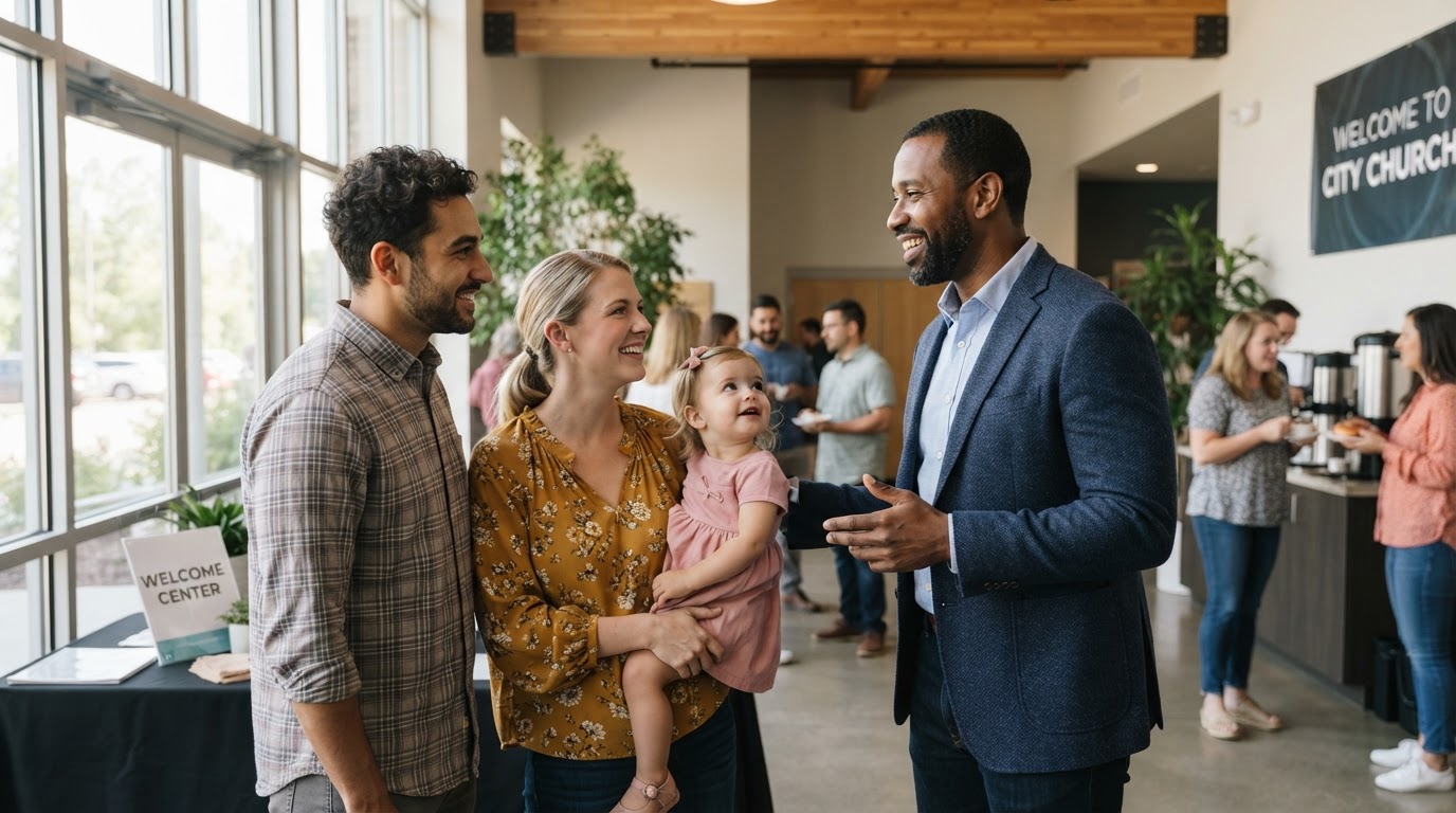 A pastor talking warmly with a family after a service