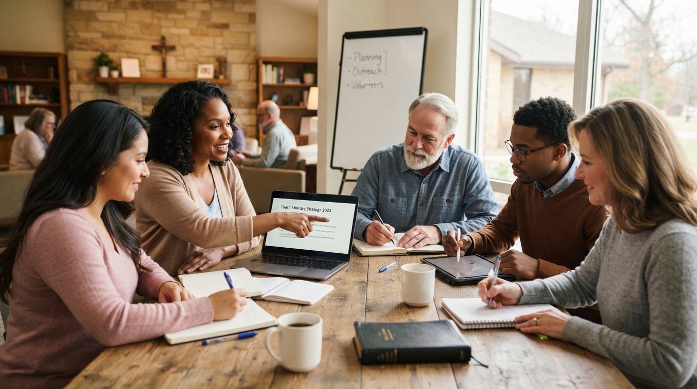 A small group of church staff and volunteers learning together around a table