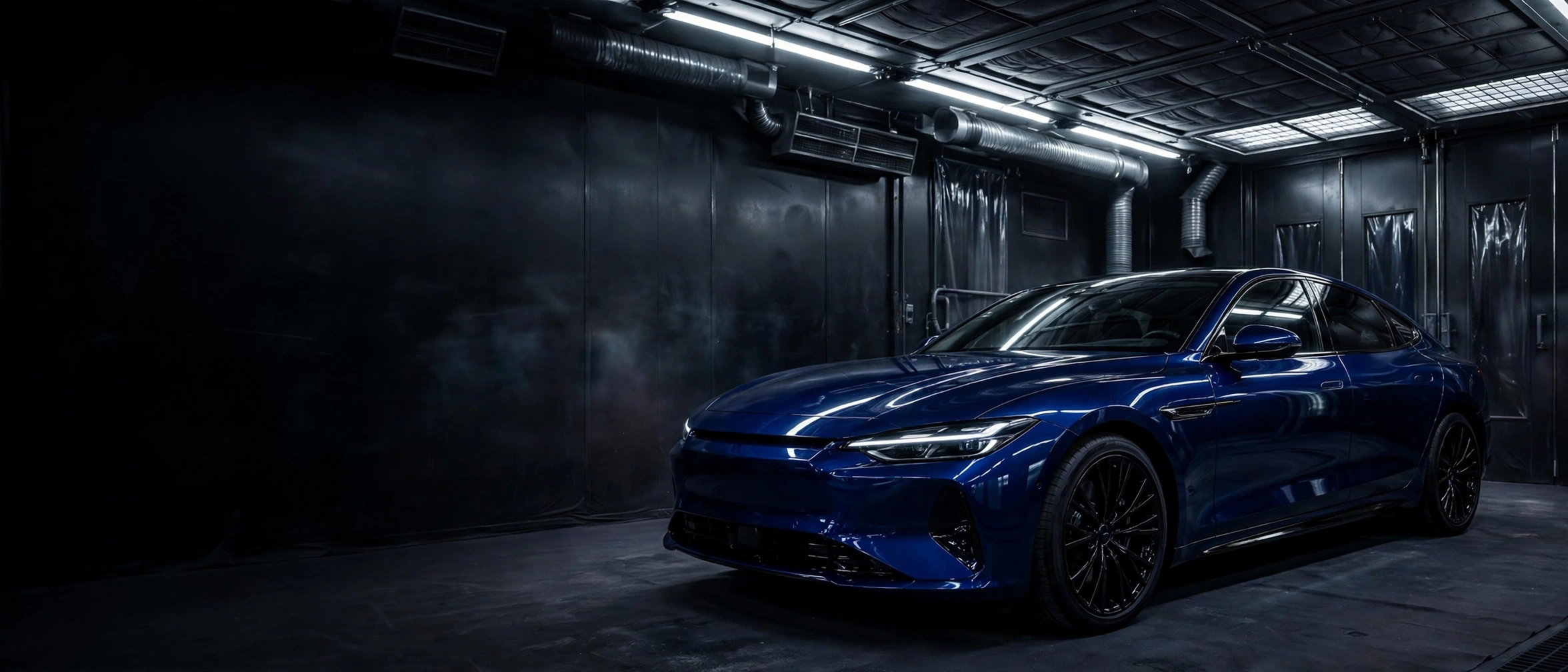 Luxury sports sedan in high-tech spray booth and detail bay