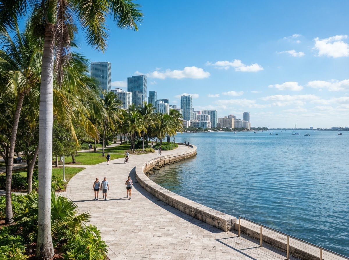 A bright Miami coastal park with palm trees, a waterfront walkway, and calm blue water