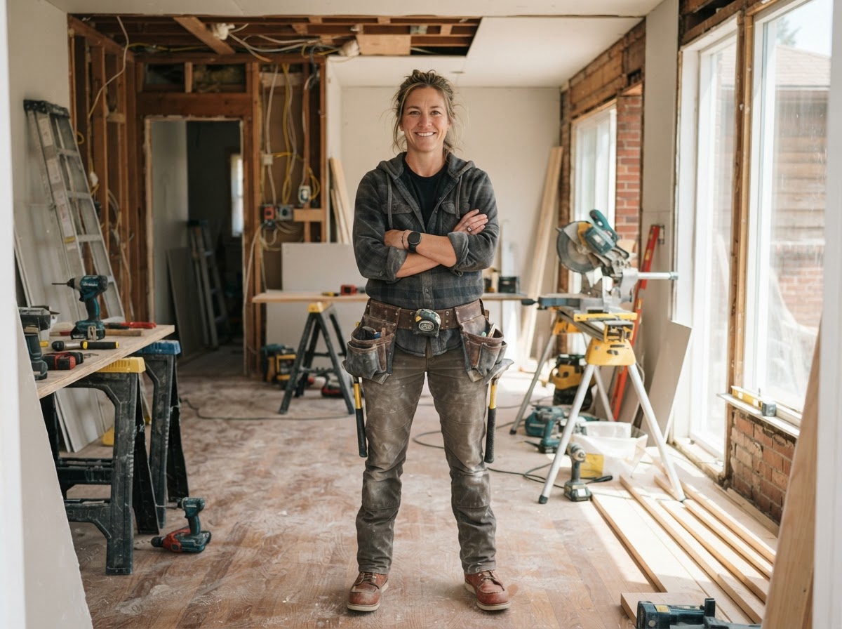 A professional tradesperson in workwear standing confidently at a residential job site
