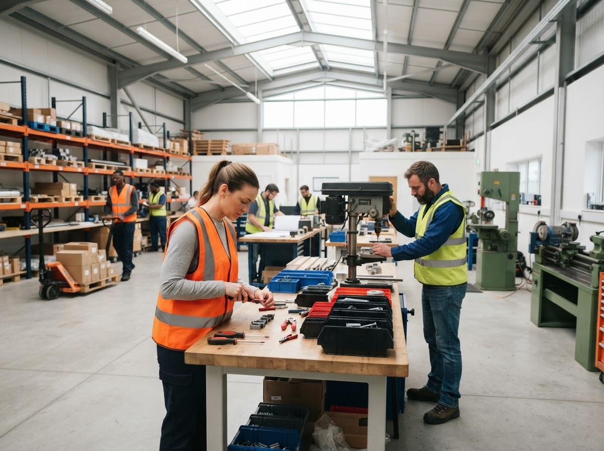 Employees in safety vests performing ordinary work in a bright, organized workspace