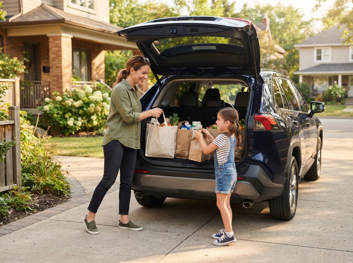A parent and child loading grocery bags into a family SUV in a sunny driveway