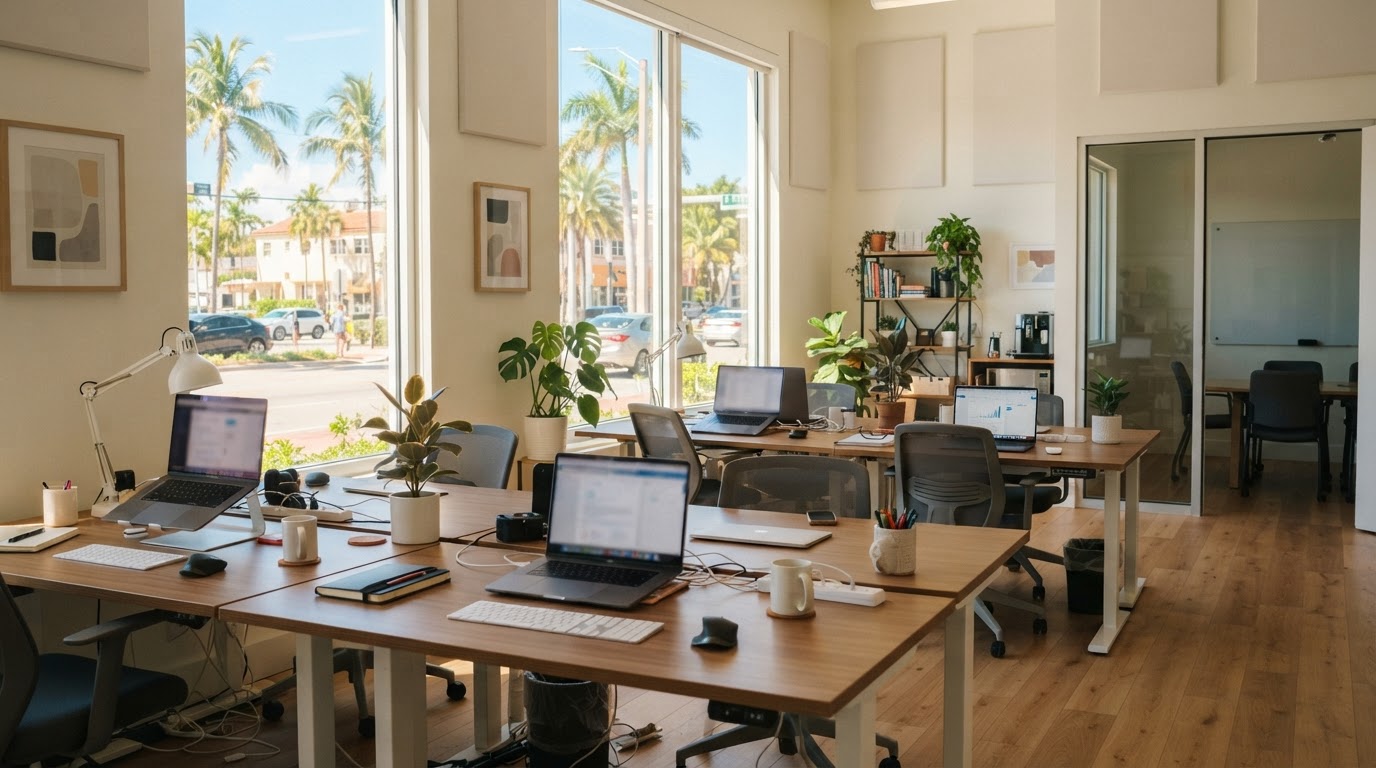 A bright modern small business office interior with tidy desks and large windows
