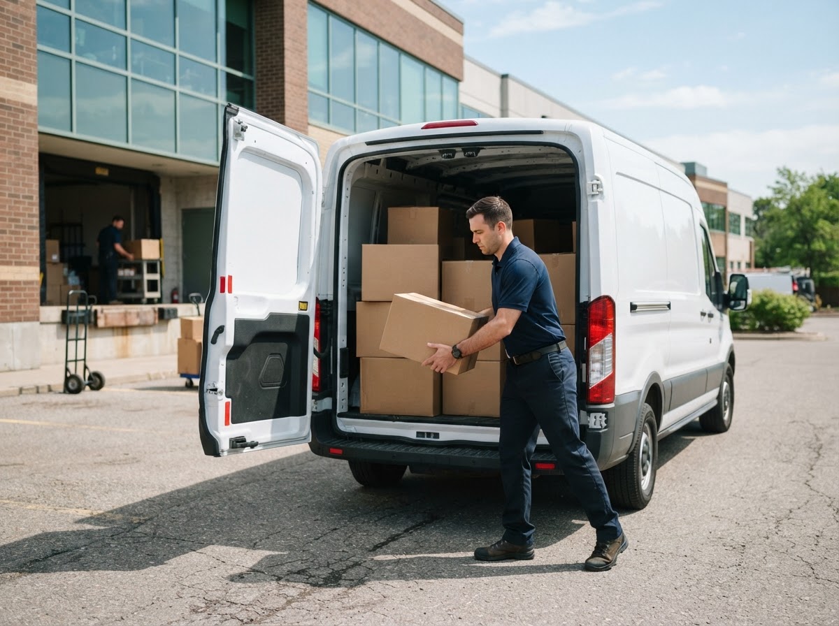 A delivery driver in a uniform loading boxes into the back of a white cargo van