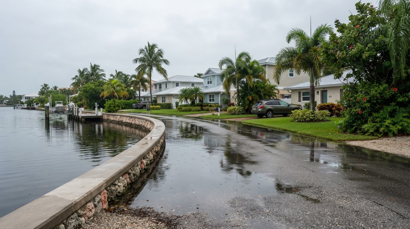 A quiet Florida residential canal street with calm water and a low seawall