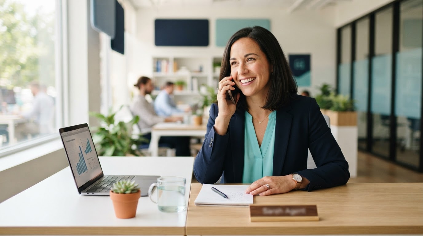 An insurance agent smiling while on a phone call at a tidy modern desk