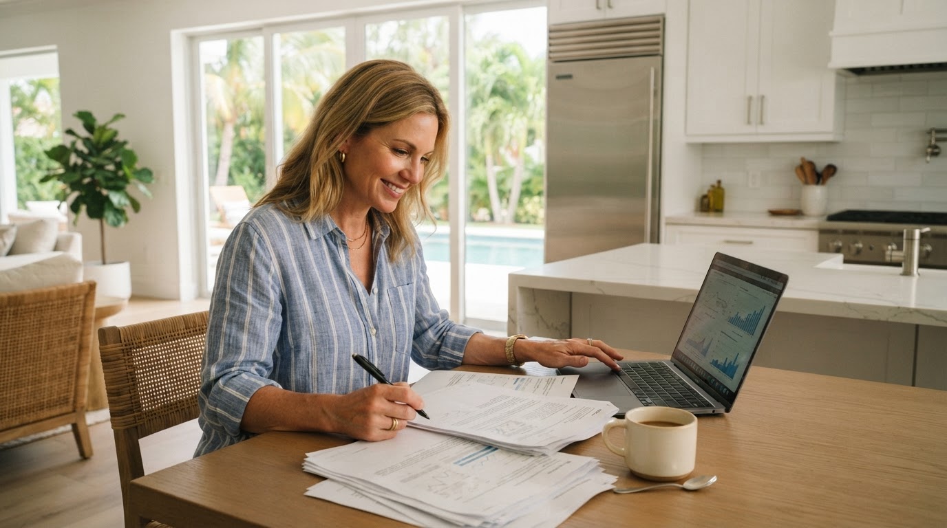 A homeowner reviewing property documents at a bright kitchen table