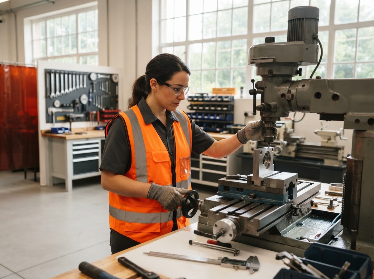 An employee in safety gloves operating equipment in a bright, organized workshop