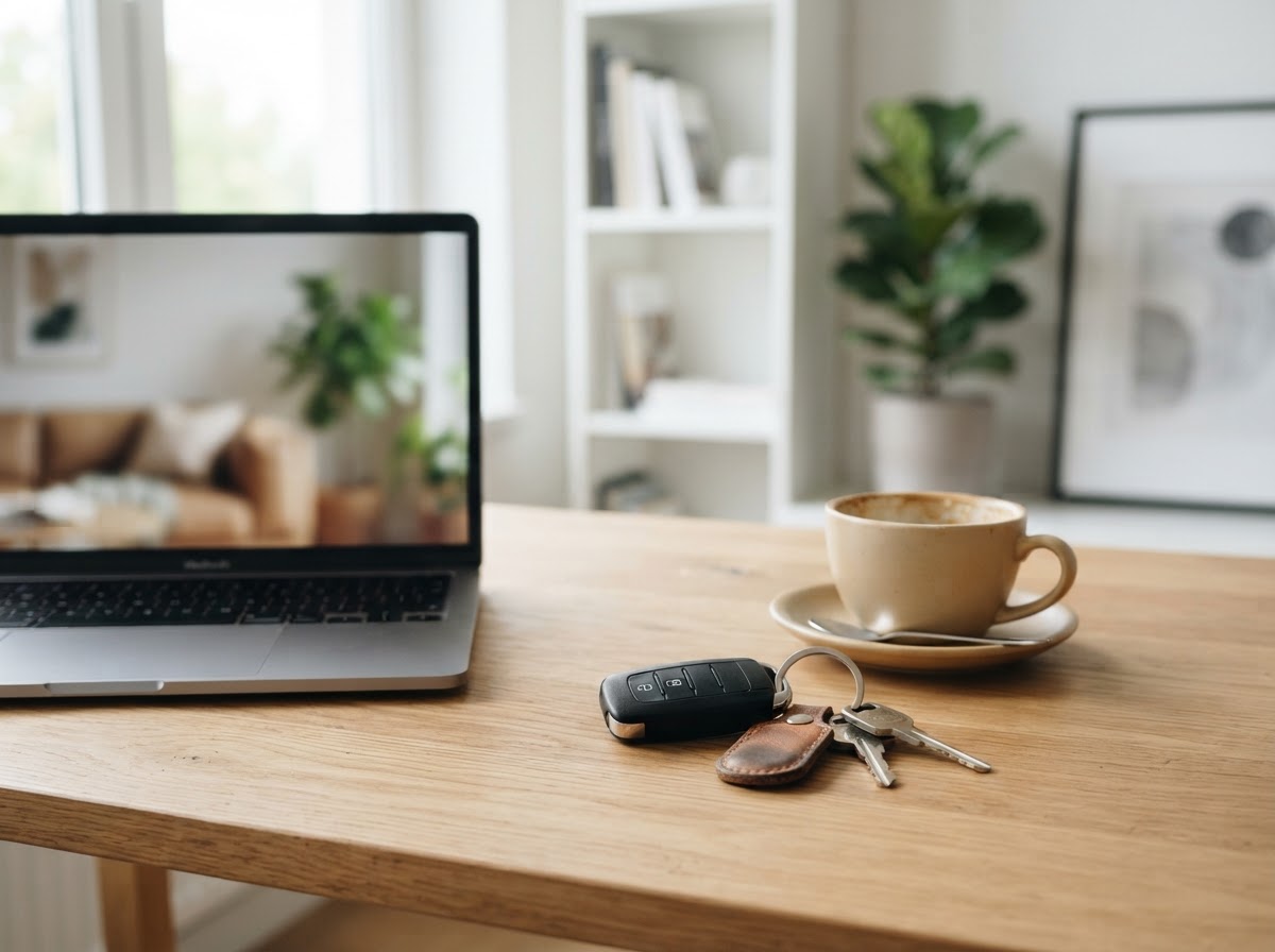 A set of car keys on a clean wooden desk beside a laptop and a coffee cup