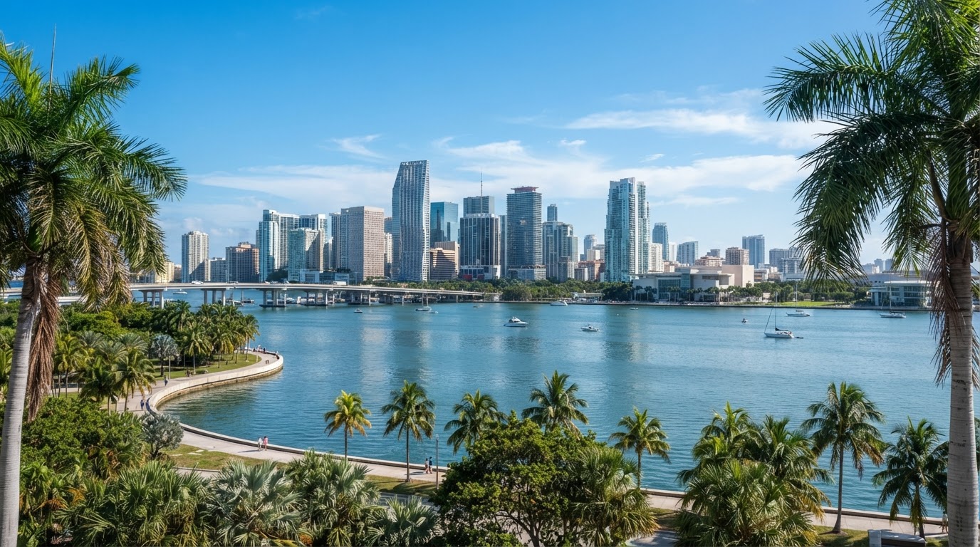 Daytime view of the Miami skyline across Biscayne Bay with palm trees and calm blue water