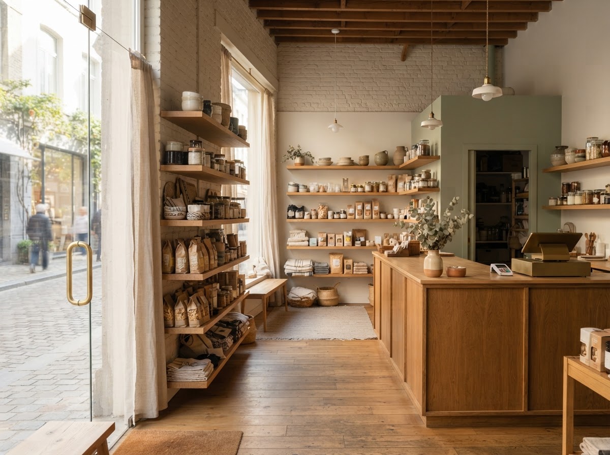 A welcoming small retail storefront interior with a clean service counter and shelves