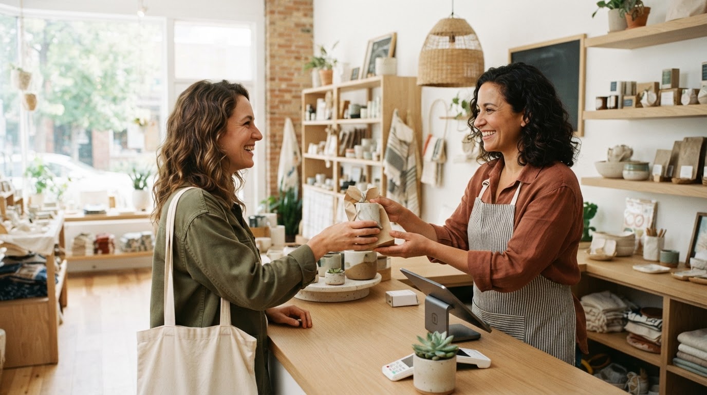 A friendly small-business owner serving a customer across a clean retail counter