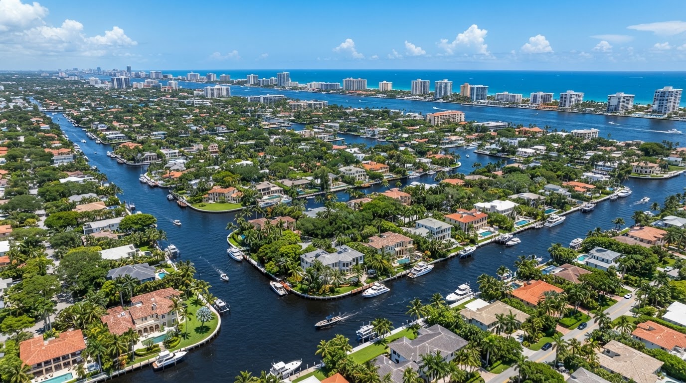 Aerial daytime view of a Fort Lauderdale waterfront neighborhood with tree-lined canals and palm trees