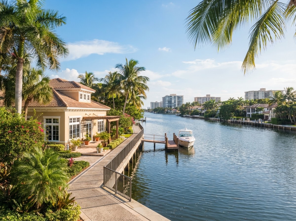 A welcoming sunny Florida coastal scene with palm trees and a calm waterway