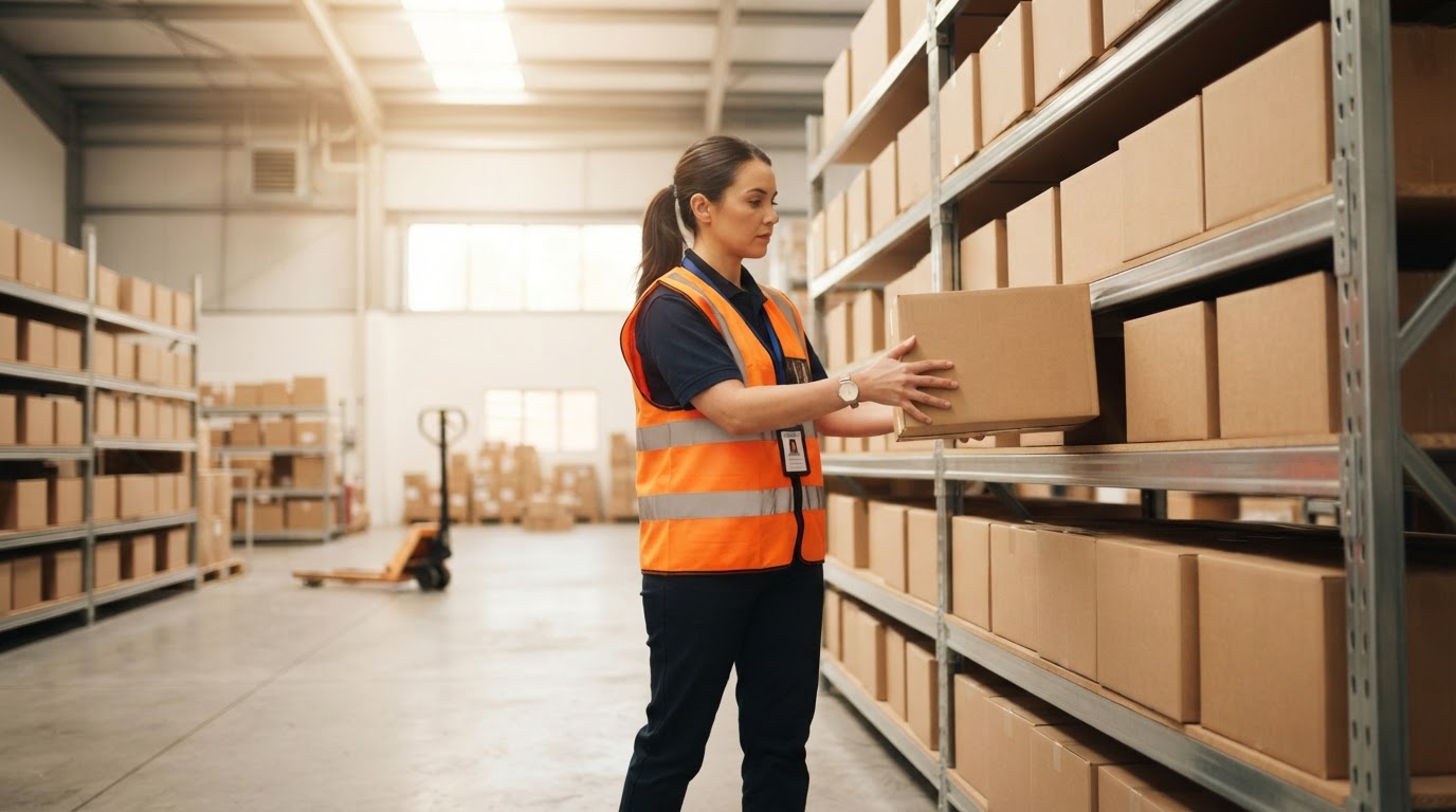 A warehouse employee in a safety vest carefully stacking boxes on a tidy shelf