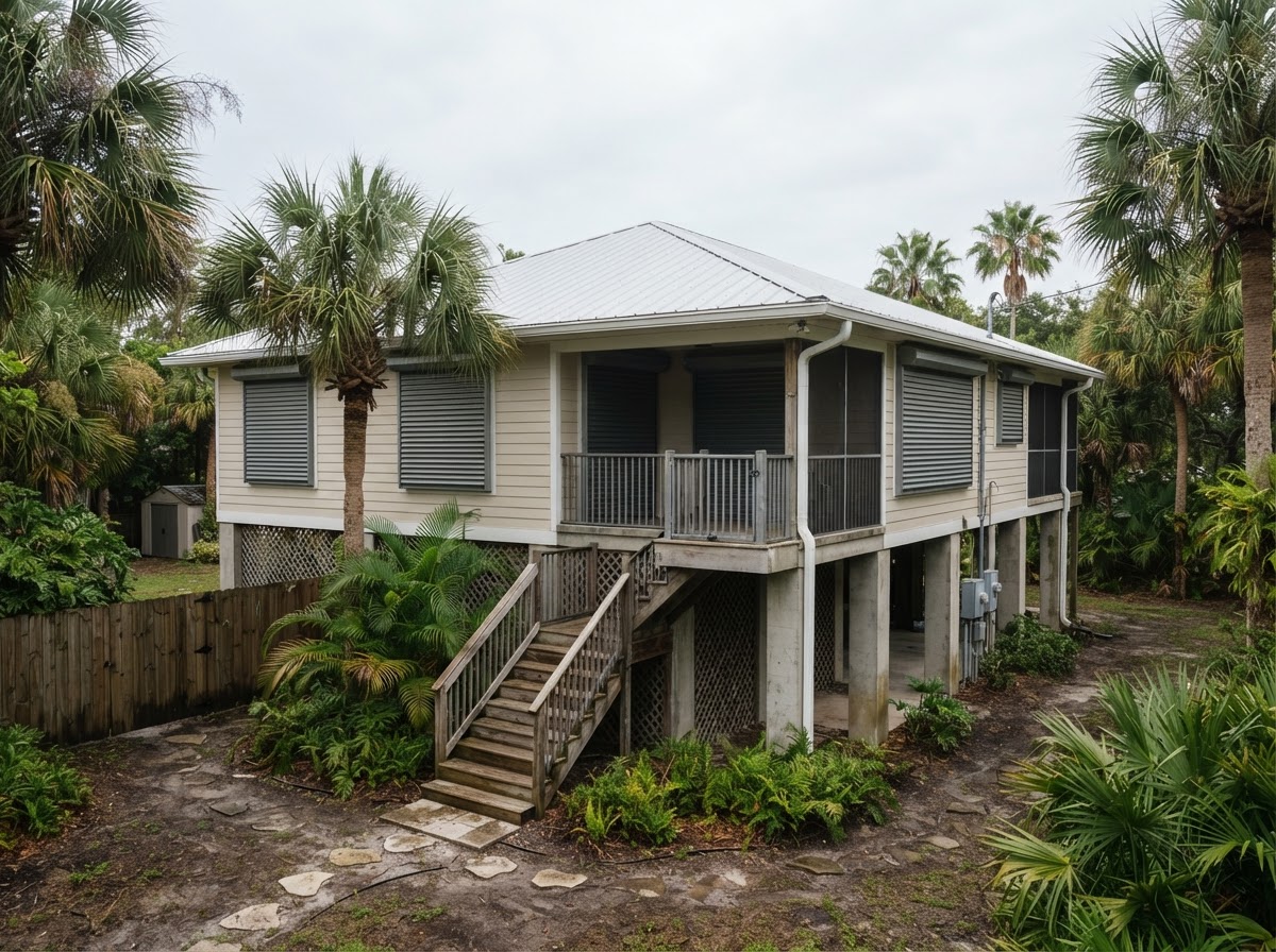 A Florida home with storm-ready features surrounded by palm trees under a soft sky