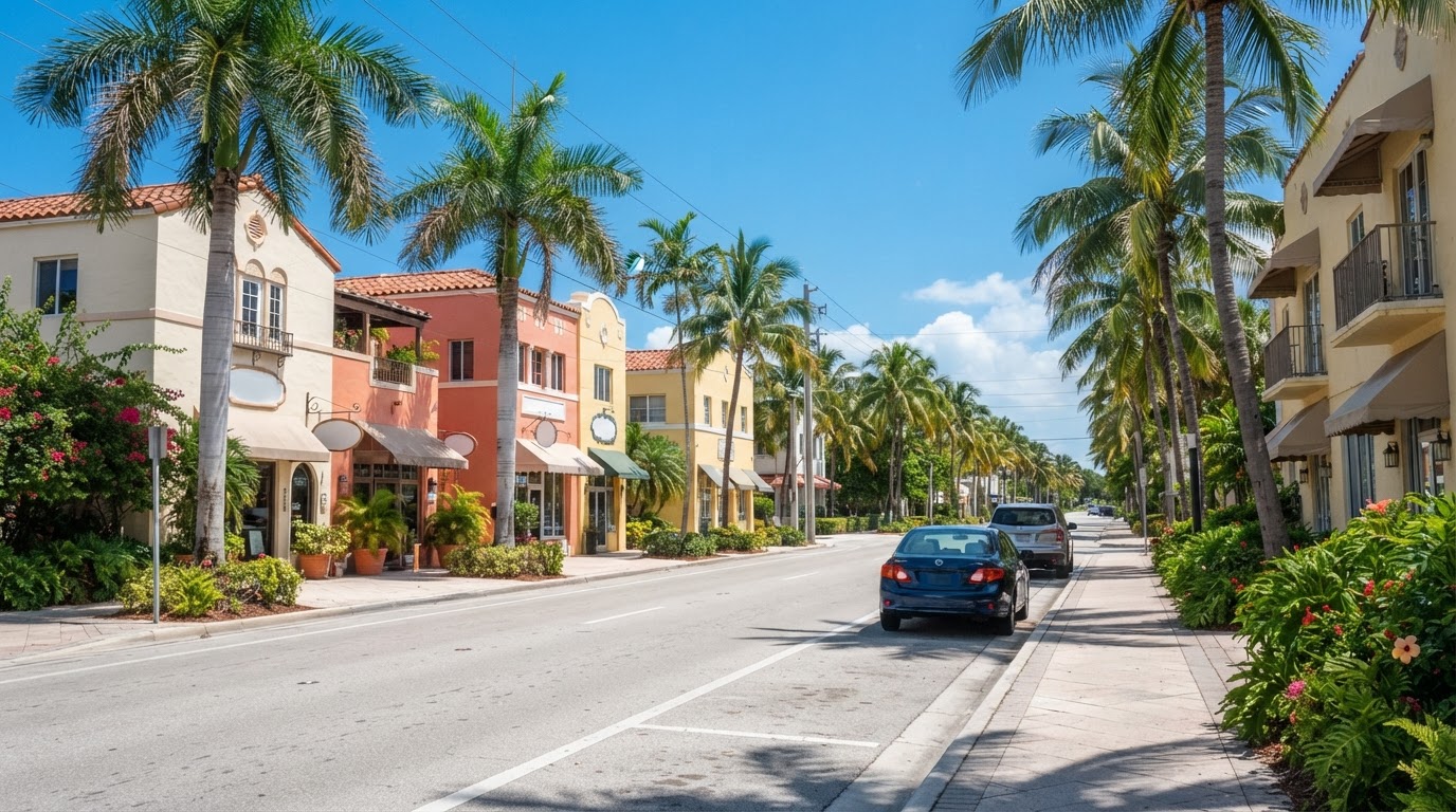 A bright, welcoming South Florida commercial street scene with palm trees under a clear sky
