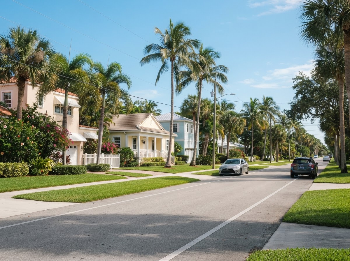 A sunny residential street in a South Florida coastal town with palm trees and well-kept homes