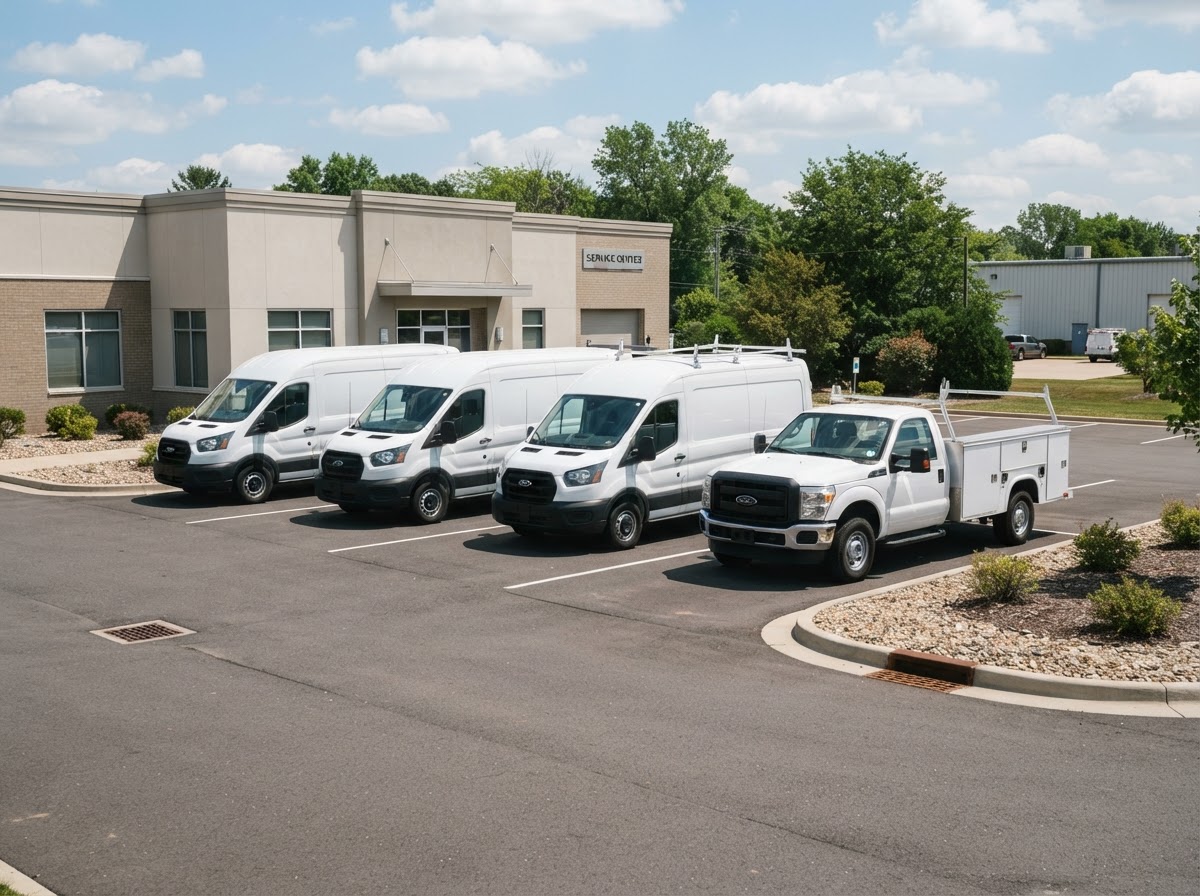 A small fleet of clean commercial work trucks parked in a tidy business lot