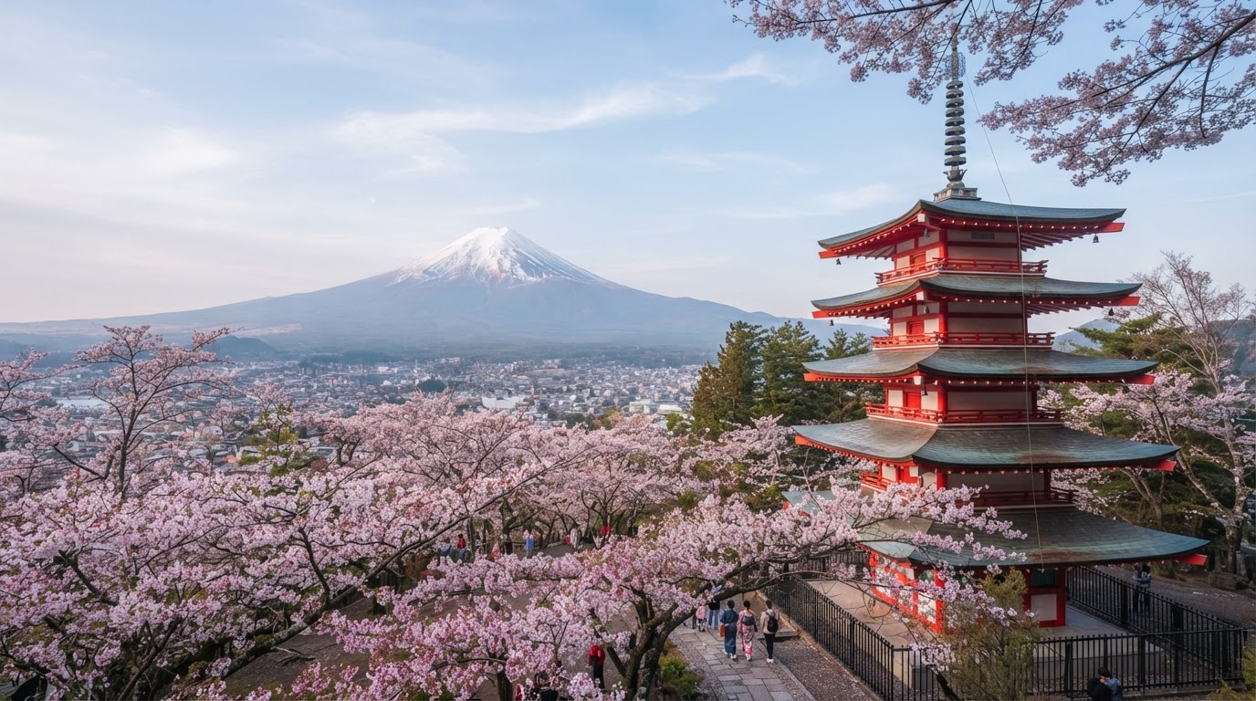 Mount Fuji in the distance with a red pagoda and cherry blossoms