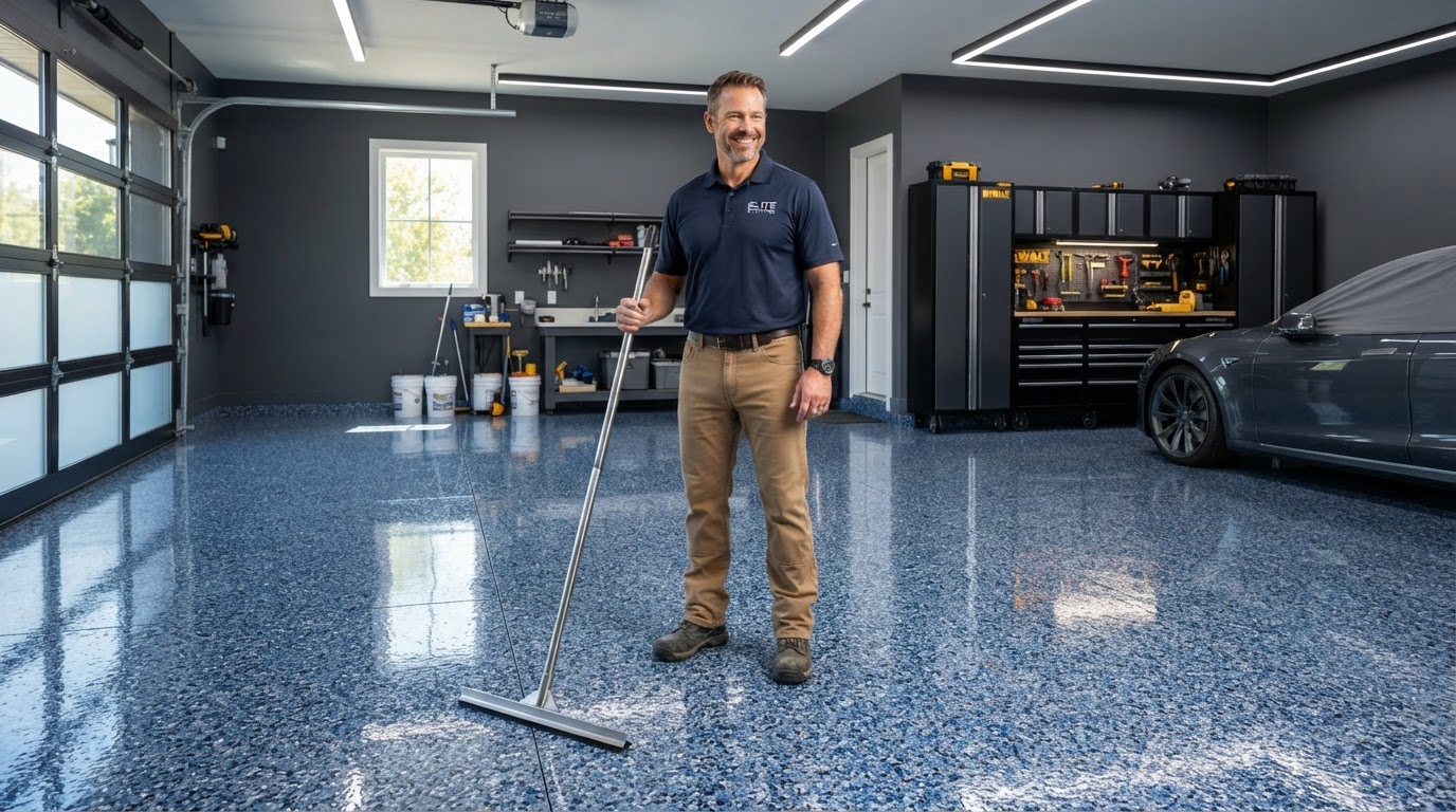 Pristine high-gloss epoxy garage floor coating installed by Fresh Face Coatings