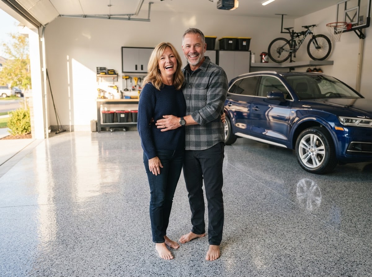 Happy homeowners standing on freshly coated garage epoxy floor