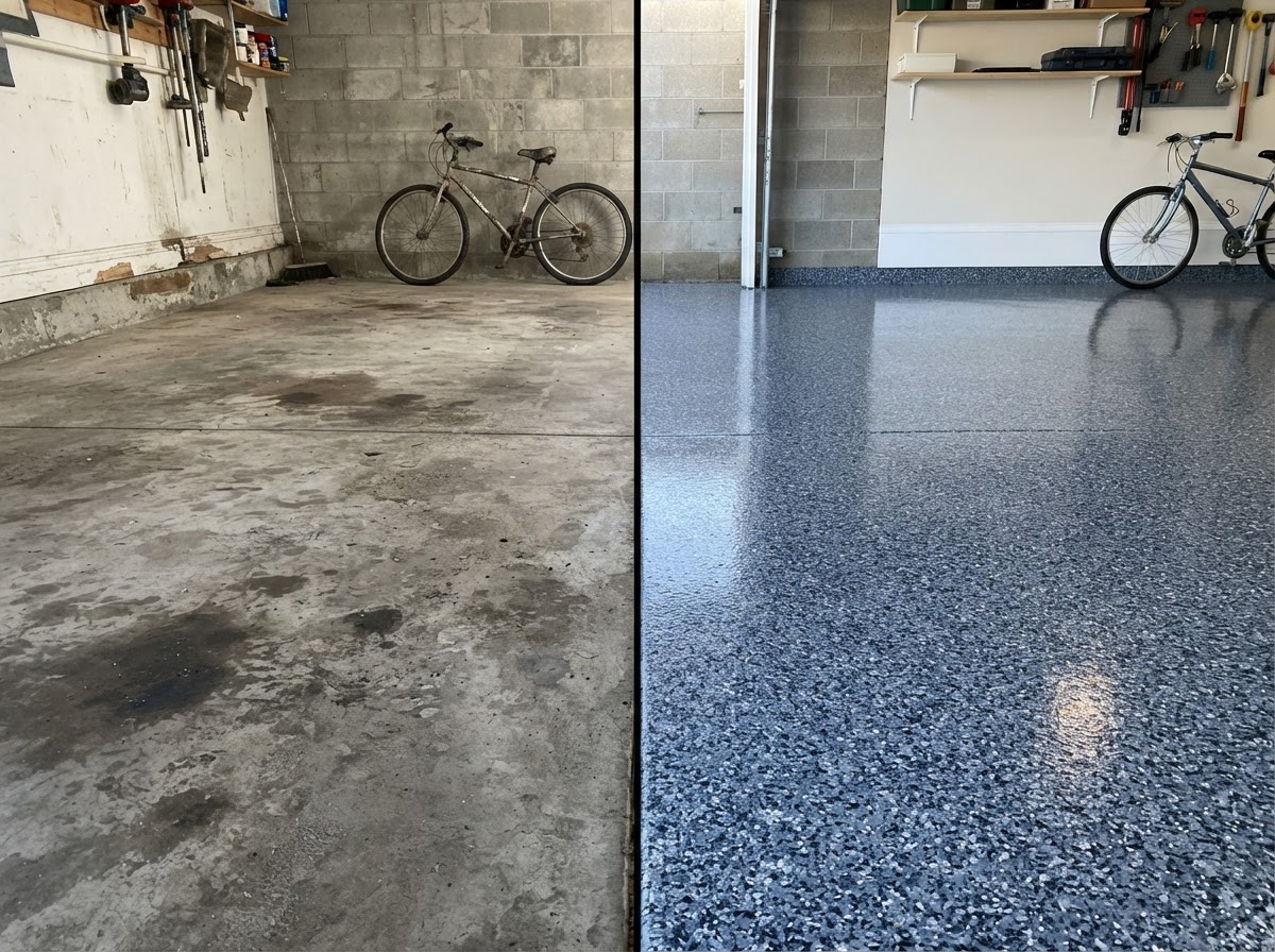 Residential 2-Car Garage Flake Transformation - Before and After concrete floor coating