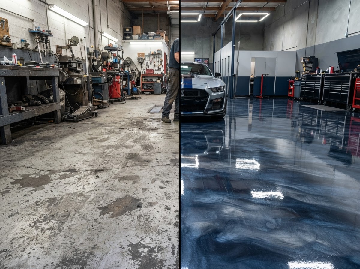 Automotive Showroom & Service Bay - Before and After concrete floor coating