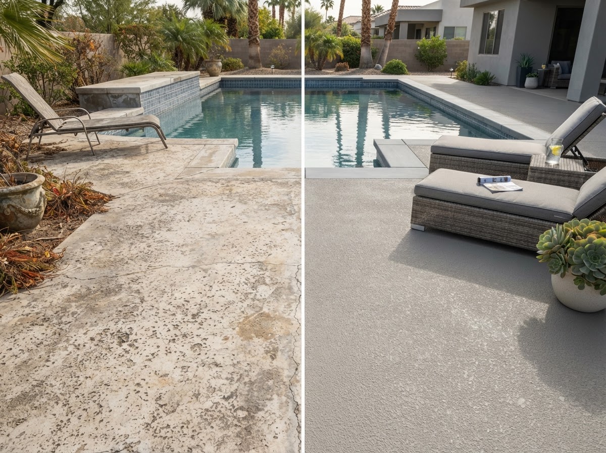 Outdoor Pool Deck & Entertaining Patio - Before and After concrete floor coating