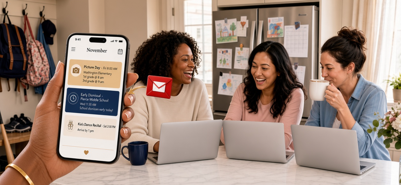 A mom's phone showing school emails turned into calendar events, with three moms and their laptops at the kitchen counter behind her