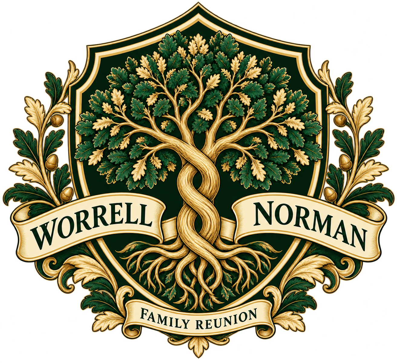 Official Worrell / Norman Family Crest showing family shields, roots, ribbons and heritage motto