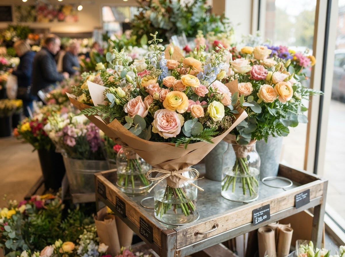 Fresh cut flowers on display at Cousin's Grocery Market