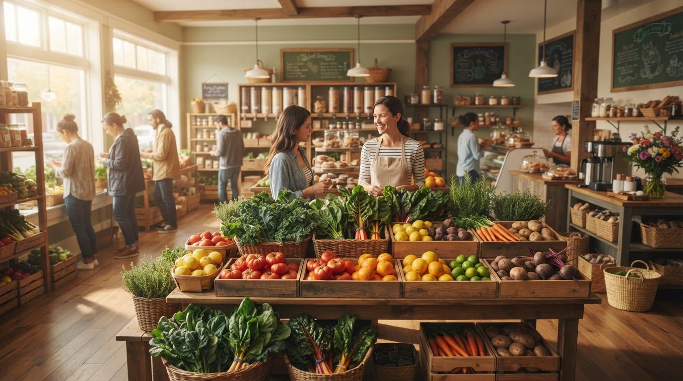 Warm, inviting interior of Cousin's Grocery Market with fresh produce