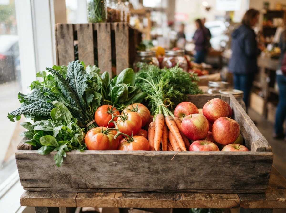 Bins of fresh produce at Cousin's Grocery Market