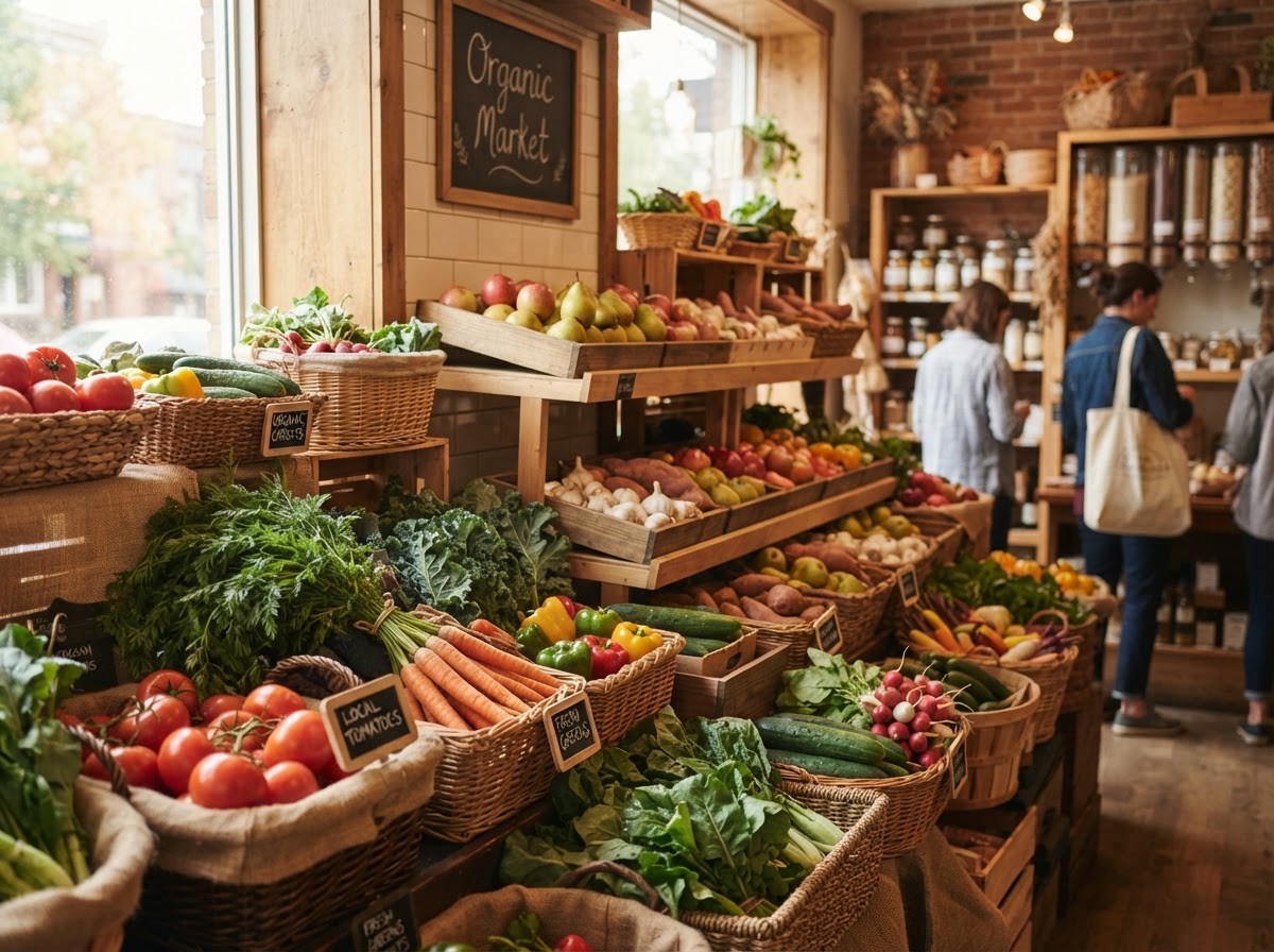 Organic produce and products on the shelves at Cousin's Grocery Market