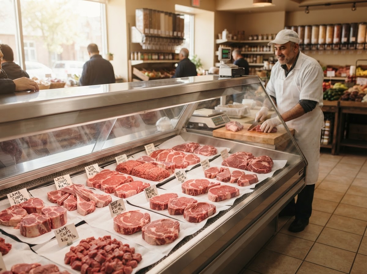 Fresh halal meat cuts on display at Cousin's Grocery Market