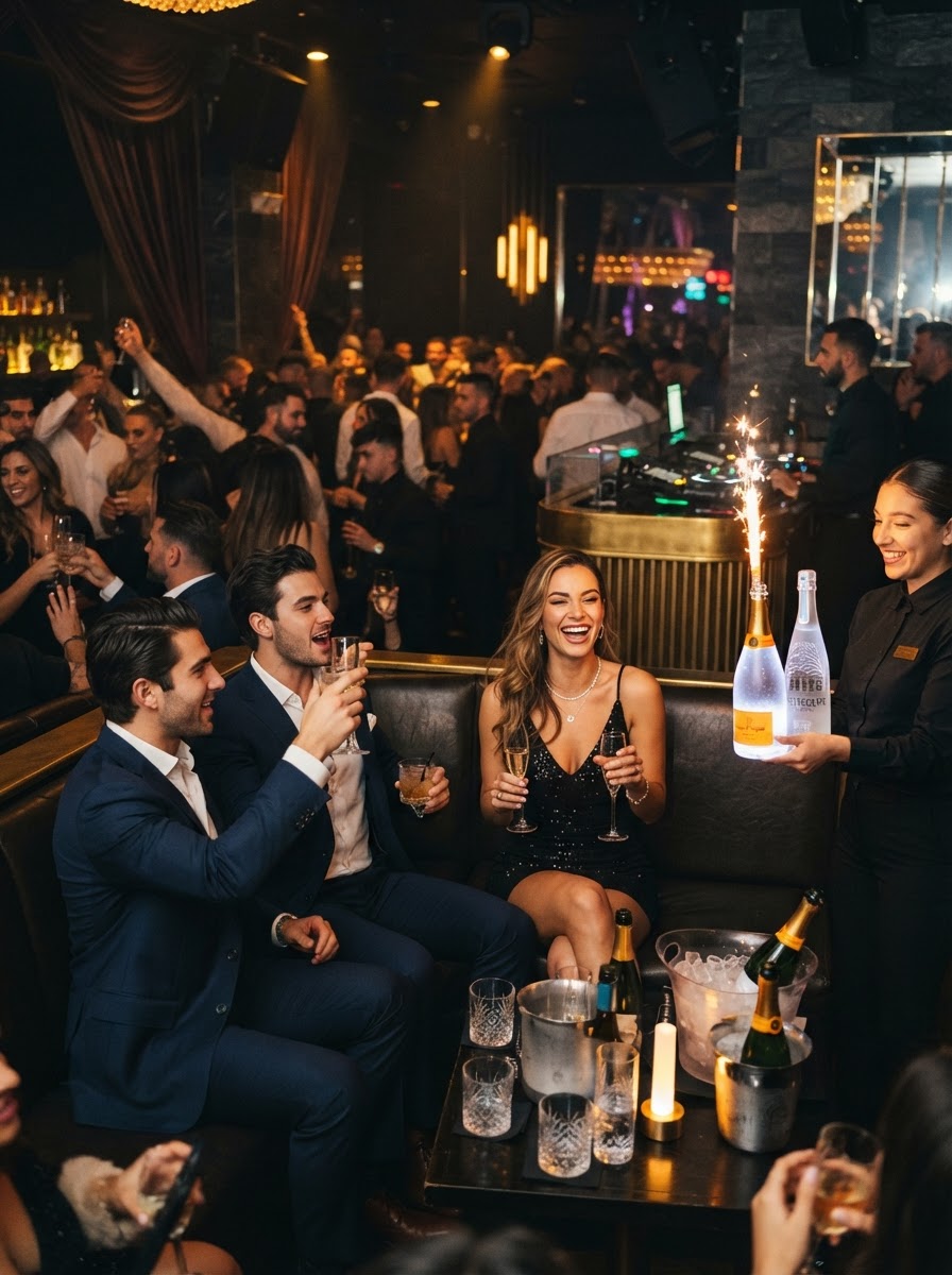 Upscale nightclub VIP lounge with gold lighting and bottle service