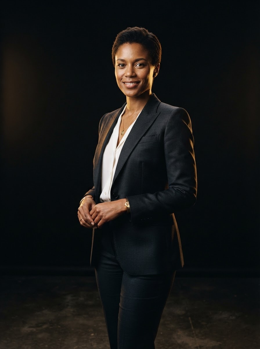 A confident young professional in a sharp tailored dark suit